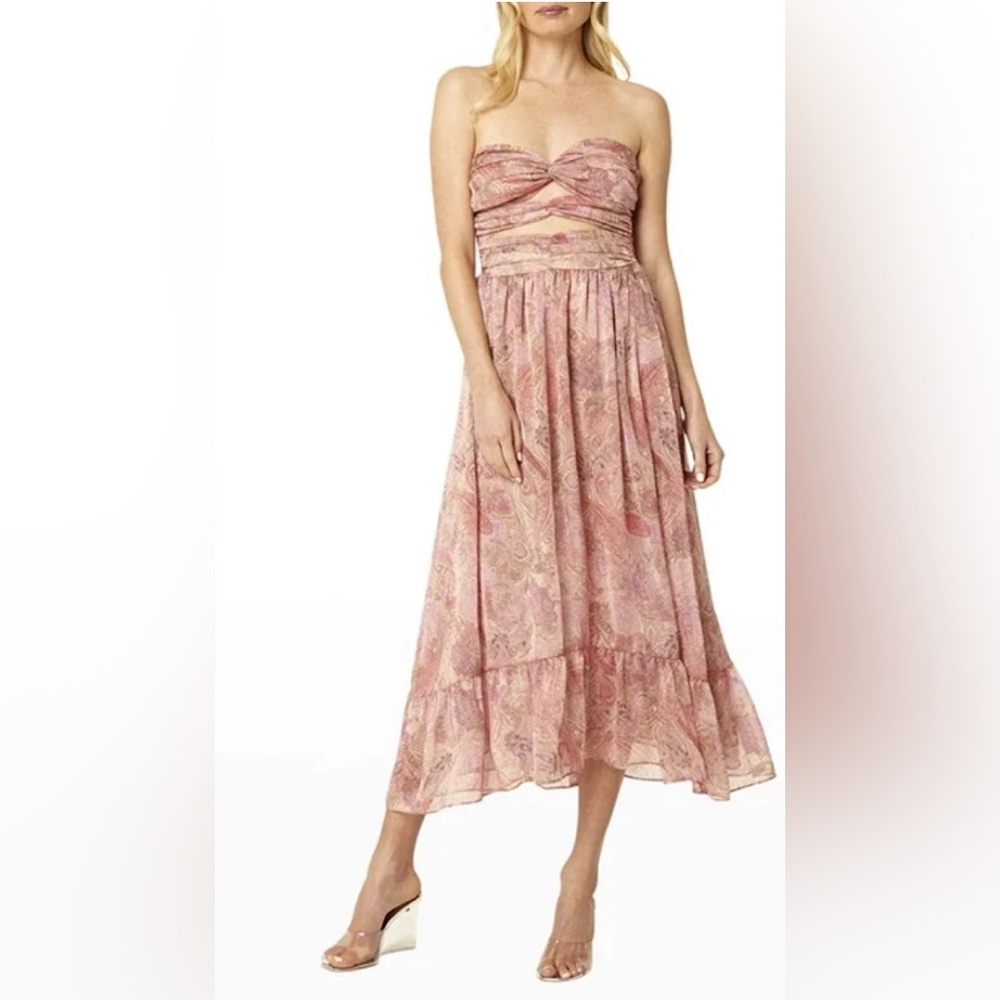Misa Los Angeles Strapless Pink Paisley Twist Midi Dress